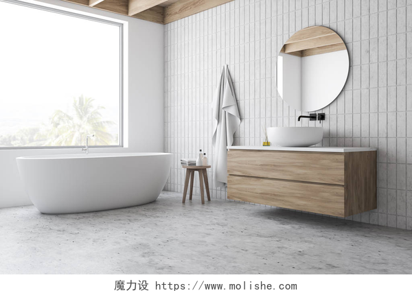 3D渲染现代化浴室设计阁楼白色瓷砖浴室角落，浴缸和水池